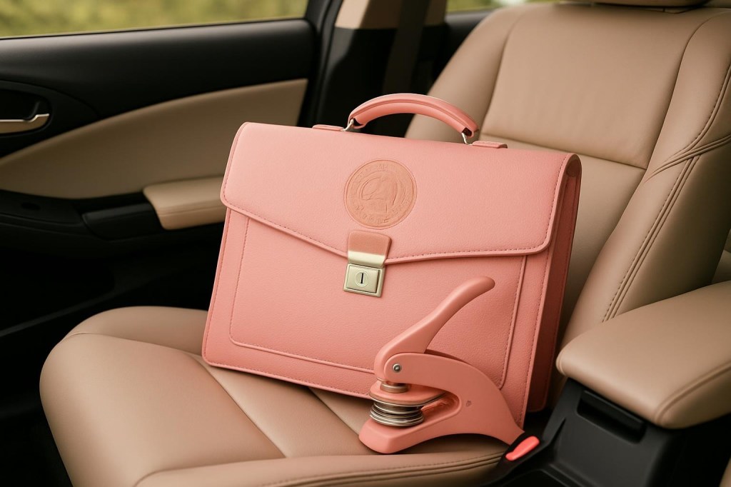 Keep the same scene but change the color of the embosser and bag to #ffaec2 while retaining all other details.